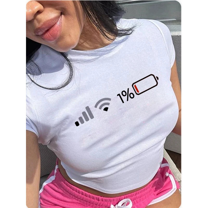 Harajuku Personality Battery Energy Low 1% Print Short Sleeve Tee Casual Fashion T-shirt Summer New Women Sexy Crop Top T Shirts