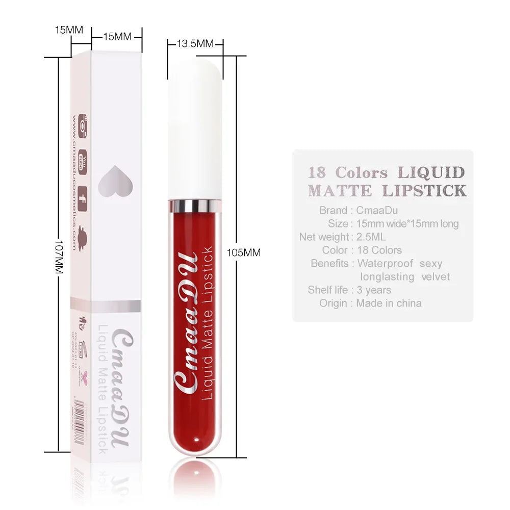 Cmaadu 18 Colors Waterproof Liquid Lipsticks Lip Makeup Matte Velvet Lipstick Lip Gloss Cosmetic Nude Long Lasting Cosmestics