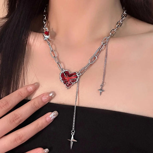 Y2K Irregular Star Red Heart Necklace Titanium Steel Chain Dark Love Ghost Claw Tassel Necklaces Gothic Red Heart Necklace Egirl