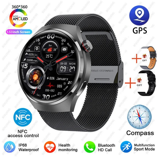 For Huawei GT4 PRO Smart Watch Men Watch 4 Pro AMOLED HD Screen Bluetooth Call GPS NFC Heart rate waterproof SmartWatch 2024 New