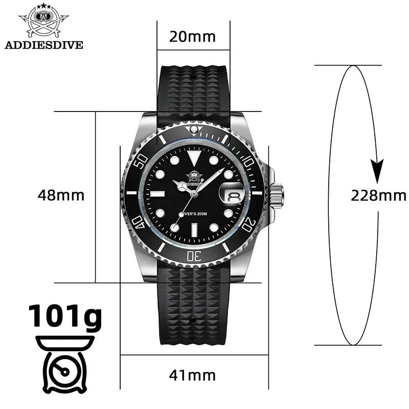 ADDIESDIVE Business Men's Quartz Watch Stainless Steel 200M Diving Waterproof Watches Super Luminous Calendar Display Wristwatch