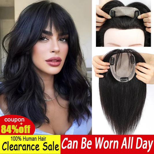 Dazzeal Hair Topper Straight Hair Clips Black Brown Hair Topper Human Hair Top Straight Silk Base Toppers With Bangs For Women