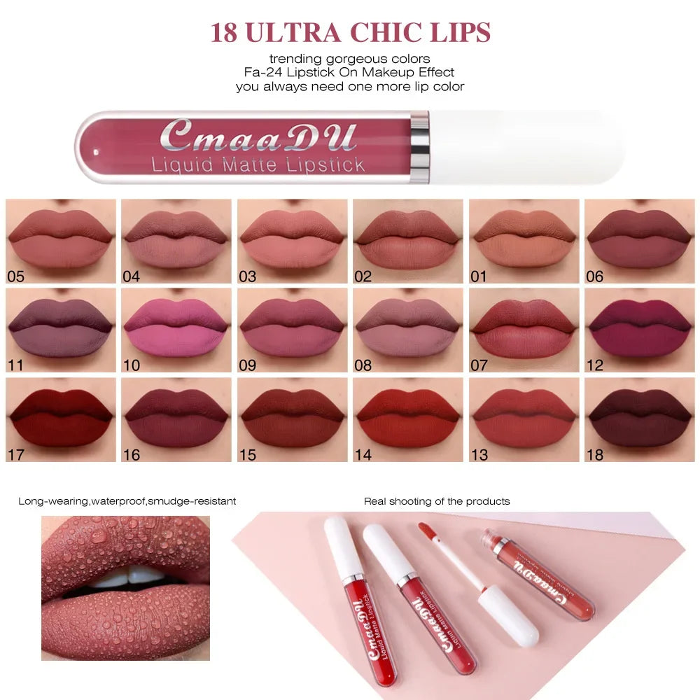 Cmaadu 18 Colors Waterproof Liquid Lipsticks Lip Makeup Matte Velvet Lipstick Lip Gloss Cosmetic Nude Long Lasting Cosmestics