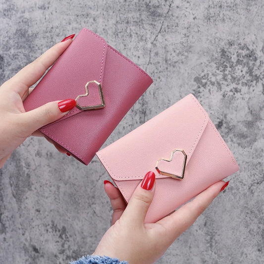 Women Heart Hasp Short Wallet Simple Multifunctional Folding Purse Card Holder Cute Fashion Clutch Bag Girls Money Bag