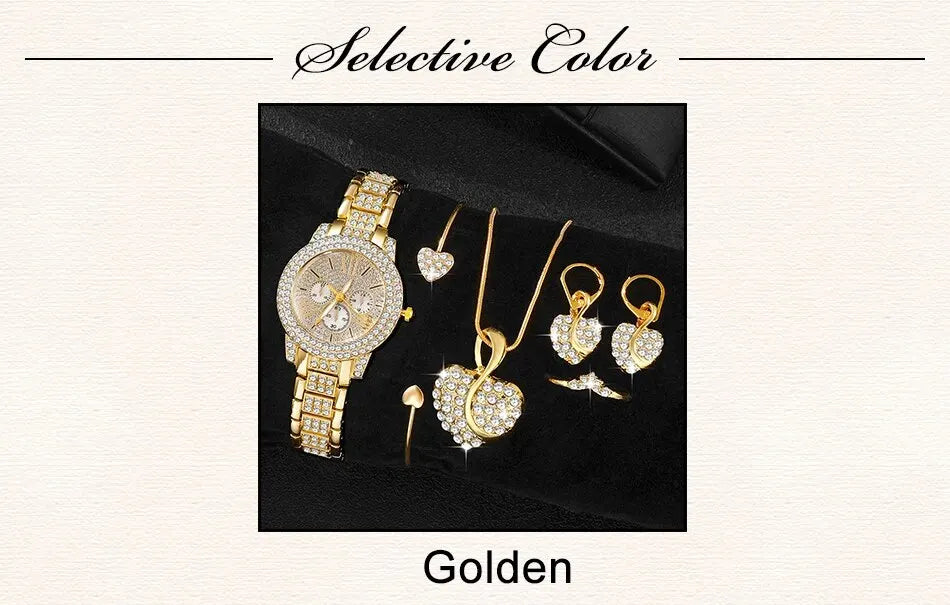 Women's Quartz Watch Gold Luxury Women Ring Necklace Earring Rhinestone Fashion Wristwatch Casual Ladies Watches Jewelry Set