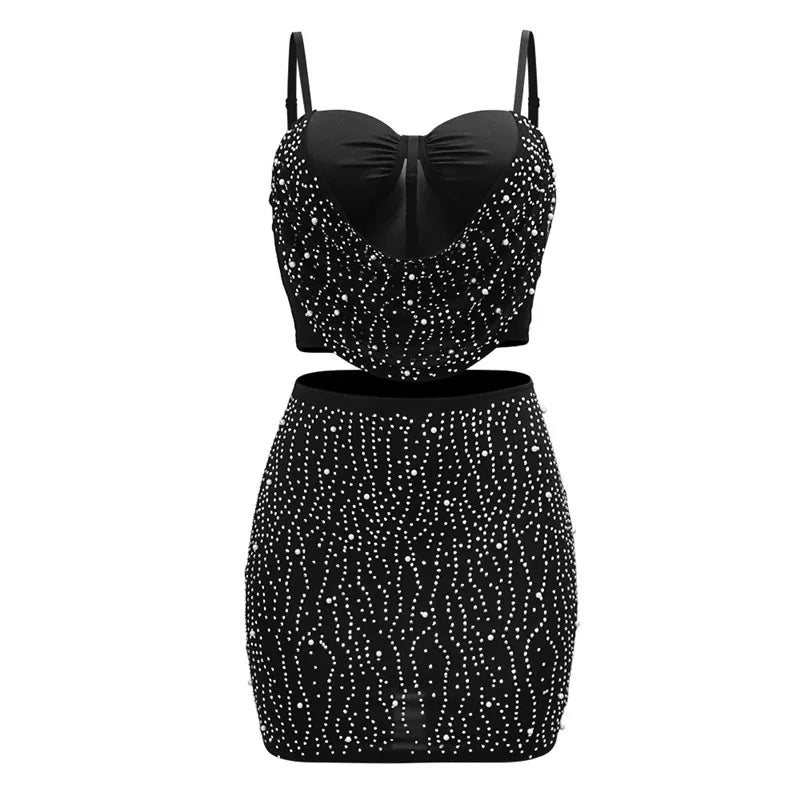 Skinny Sexy Party Two Piece Set Women Strap Mesh Rhinestone Camis Top and Diamonds Mini Skirts 2 Piece Sets Night Club Outfits