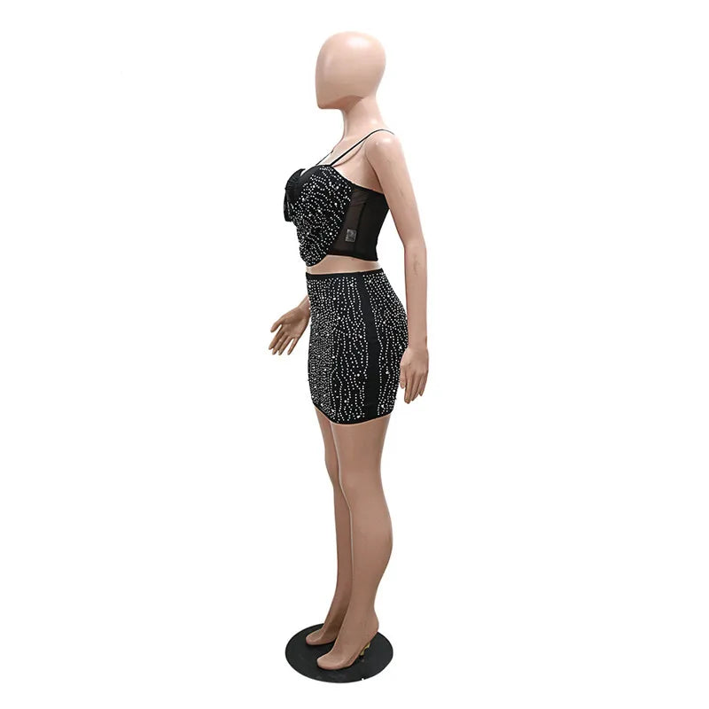 Skinny Sexy Party Two Piece Set Women Strap Mesh Rhinestone Camis Top and Diamonds Mini Skirts 2 Piece Sets Night Club Outfits