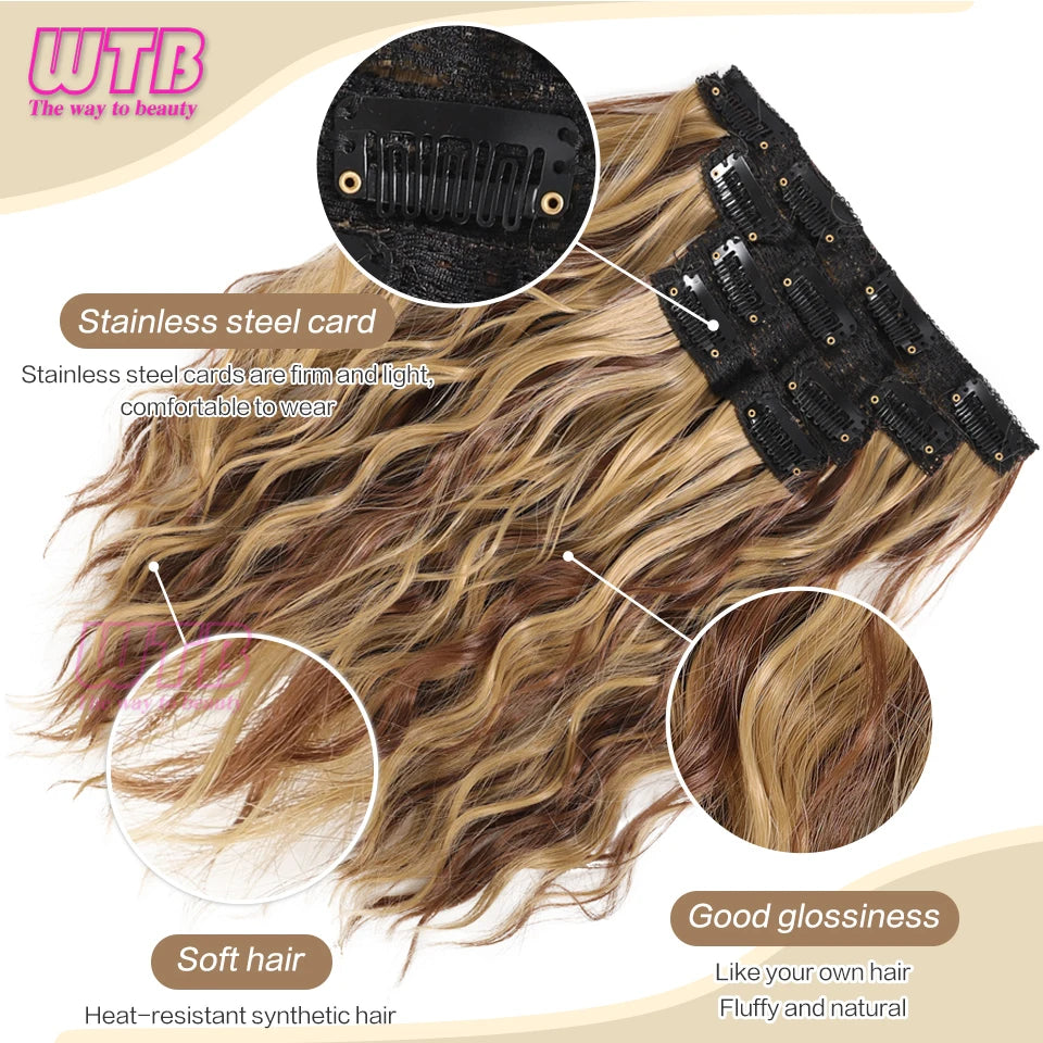 Clip In Hair Extensions Synthetic Hair 12Inch 4 PCS Set Wavy Curly Hair Extension Synthetic Hairpieces For Women Girls Daily Use