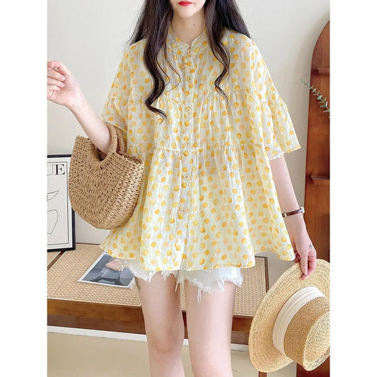 Women's Sumer Clothes Vintage Shirts &Blouses for Women Half Sleeve Single-breasted Polka Dot Print Casual Women's Blouse Shirt