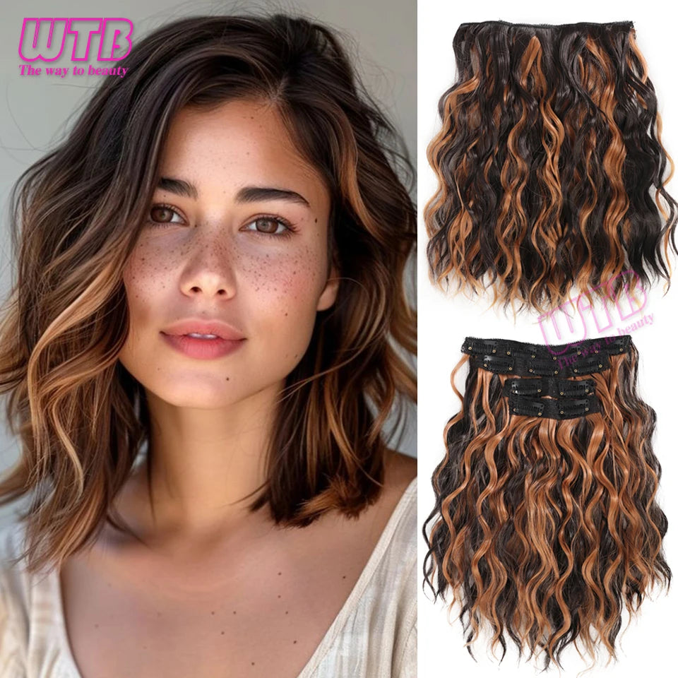 Clip In Hair Extensions Synthetic Hair 12Inch 4 PCS Set Wavy Curly Hair Extension Synthetic Hairpieces For Women Girls Daily Use