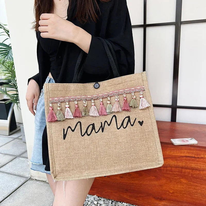 Women Mama Letter Printing Tote Bag Large Capacity Baby Diapers Storage Bag Casual Fashion Linen Shopping Handbag Gifts for Mom