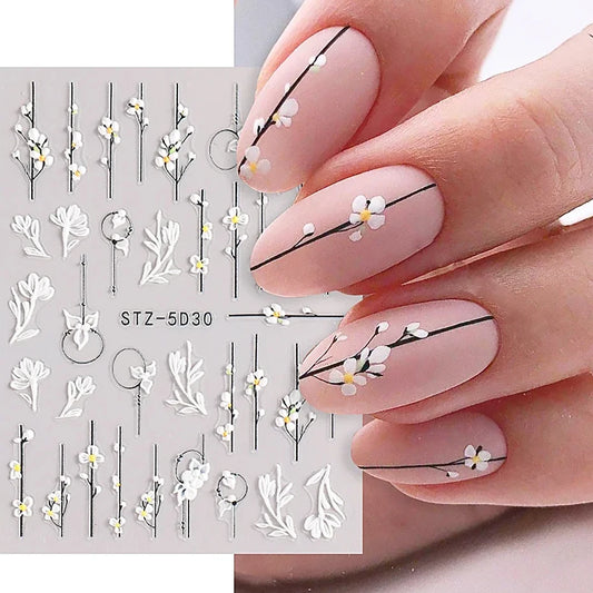 5D Simple Flowers Nail Embossed Stickers Elegant Wedding Design Adhesive Sliders Floral Textured Engraved Decoration Supplies