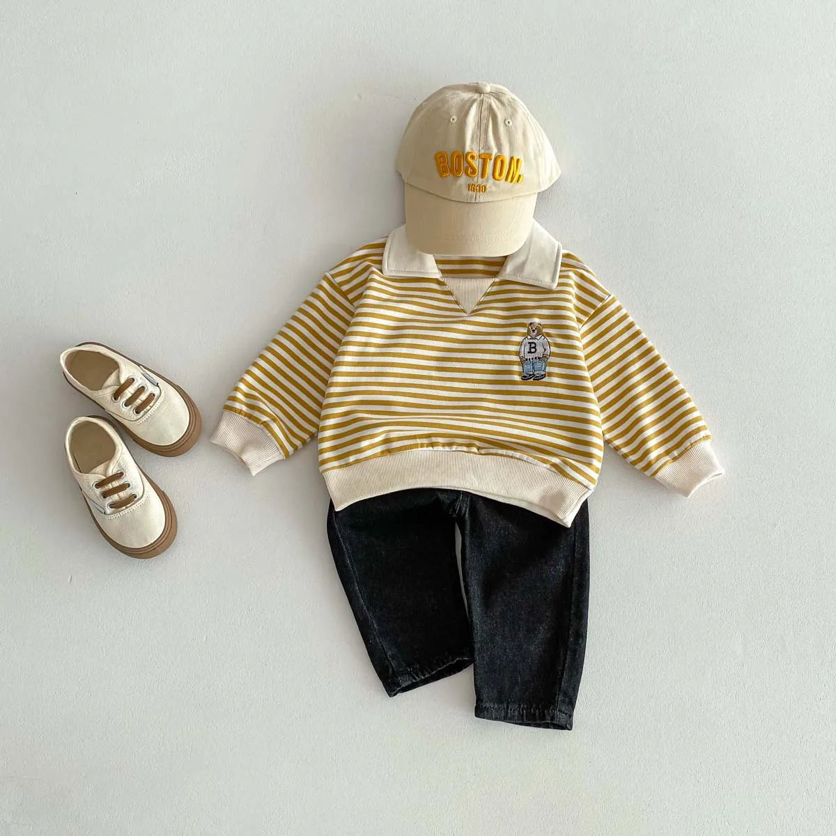 Spring Autumn Children Cool Lapel Striped Sweatshirt Kid Girl Cartoon Embroidery Long Sleeve T-shirt Boy Baby Casual Cotton Tops