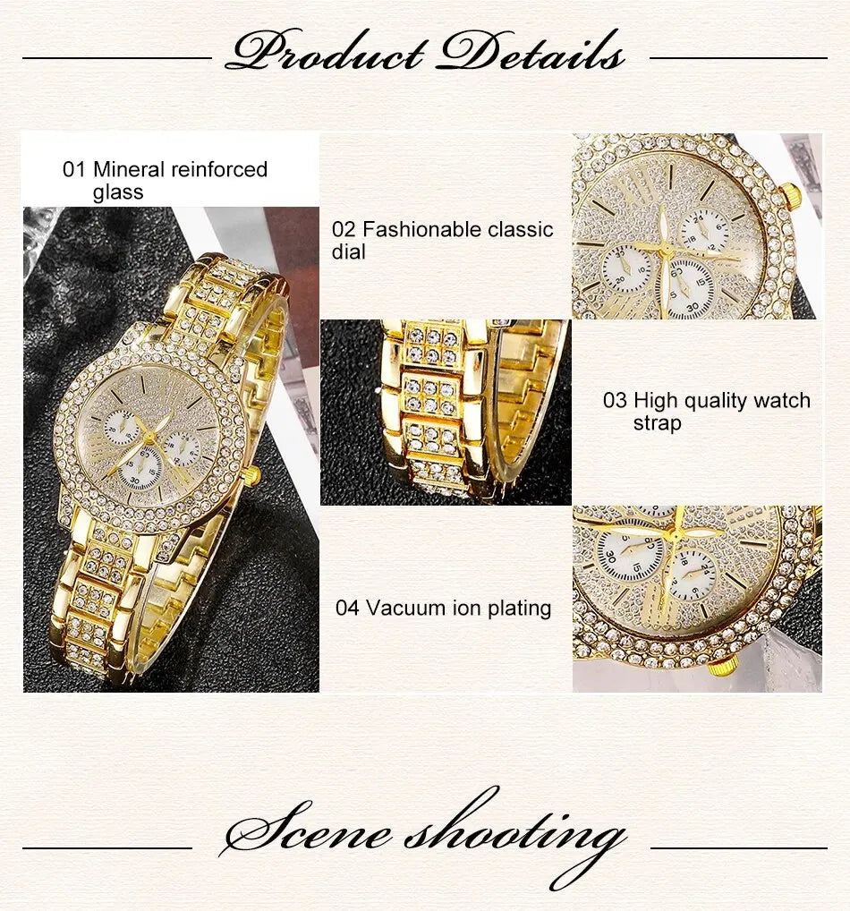 Women's Quartz Watch Gold Luxury Women Ring Necklace Earring Rhinestone Fashion Wristwatch Casual Ladies Watches Jewelry Set