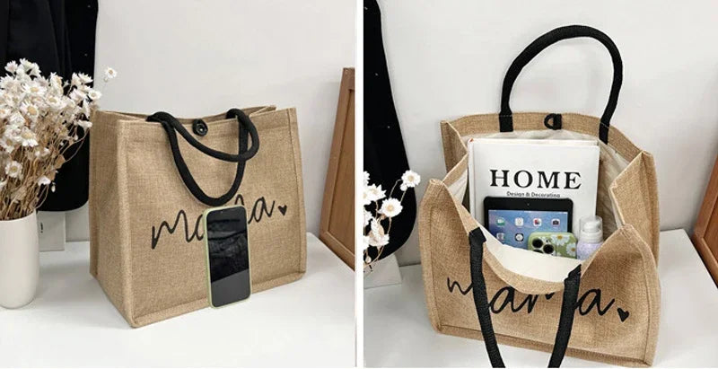 Women Mama Letter Printing Tote Bag Large Capacity Baby Diapers Storage Bag Casual Fashion Linen Shopping Handbag Gifts for Mom