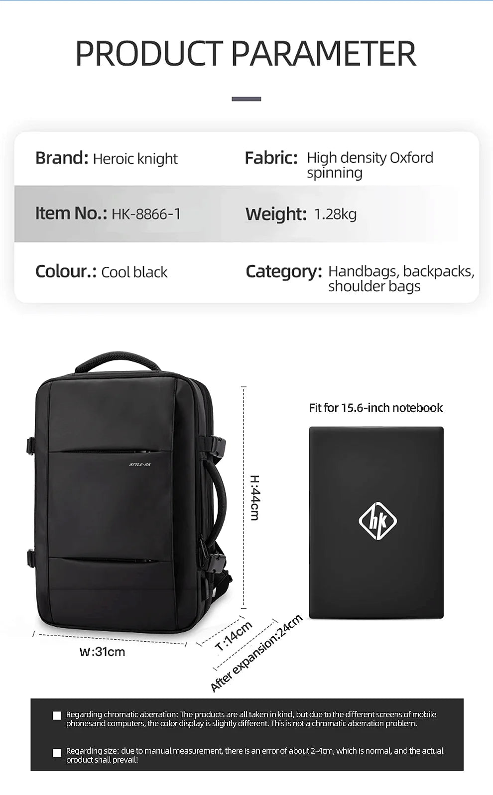 Heroic Knight Travel Backpack Men Business Backpack School Expandable USB Bag Large Capacity 15.6 Laptop Waterproof Backpack Bag