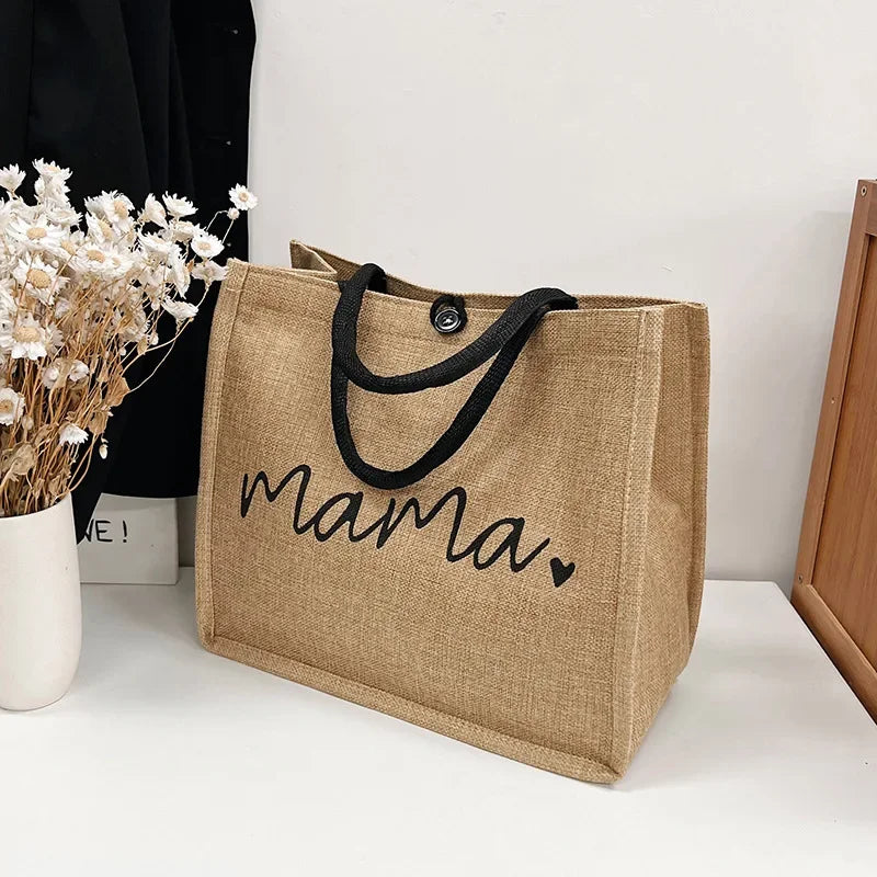 Women Mama Letter Printing Tote Bag Large Capacity Baby Diapers Storage Bag Casual Fashion Linen Shopping Handbag Gifts for Mom