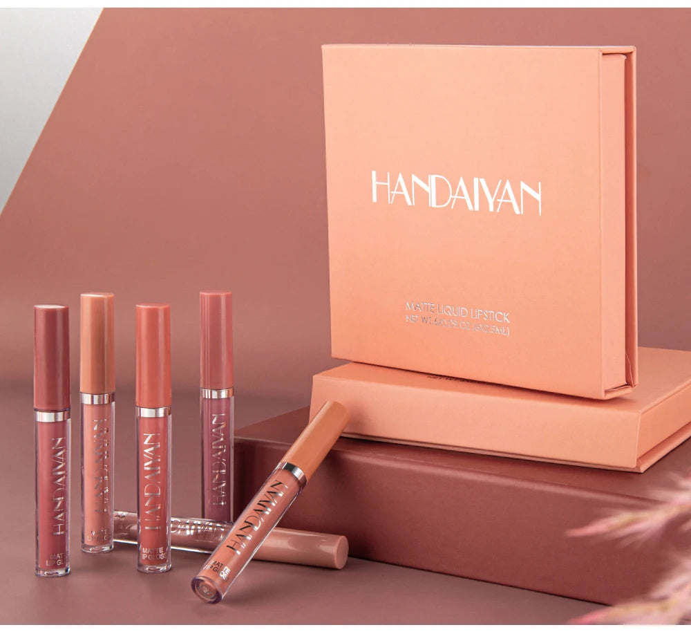 HANDAIYAN 6 Colors Lip Gloss Set Matte Nude Long-lasting High-pigment non-stick cup lip makeup Cosmetics Liquid Lipstick Setd