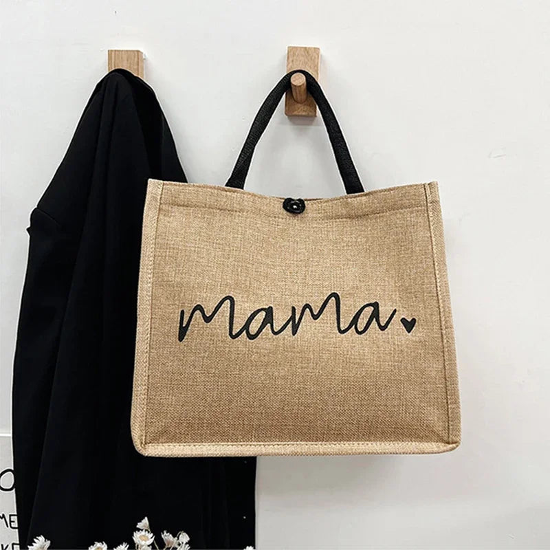 Women Mama Letter Printing Tote Bag Large Capacity Baby Diapers Storage Bag Casual Fashion Linen Shopping Handbag Gifts for Mom