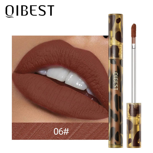 QIBEST Leopard Print Velvet Matte Liquid Lipstick Lasting Waterproof Non-Stick Cup Lip Gloss Women Sexy Moisturizing Lip Tint