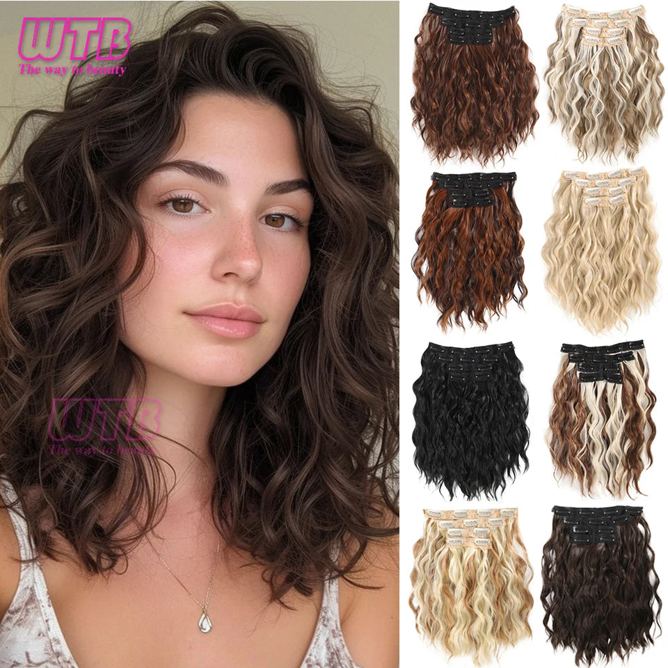 Clip In Hair Extensions Synthetic Hair 12Inch 4 PCS Set Wavy Curly Hair Extension Synthetic Hairpieces For Women Girls Daily Use