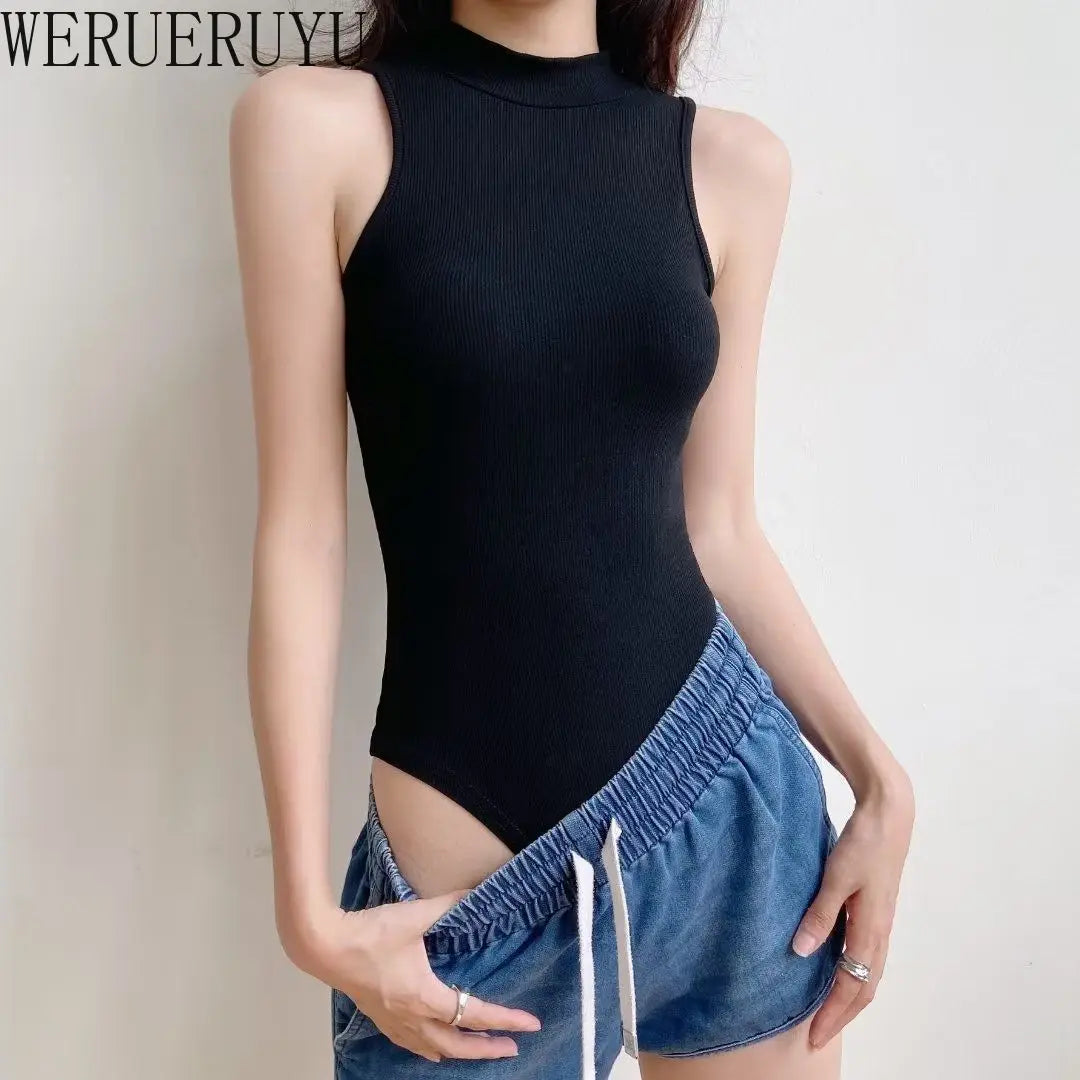 Sleeveless Y2k Bodysuit Women Sexy Tops Youthful Summer Clothes White Body Knitted Turtleneck Tank Top Jumpsuits for Women 2024