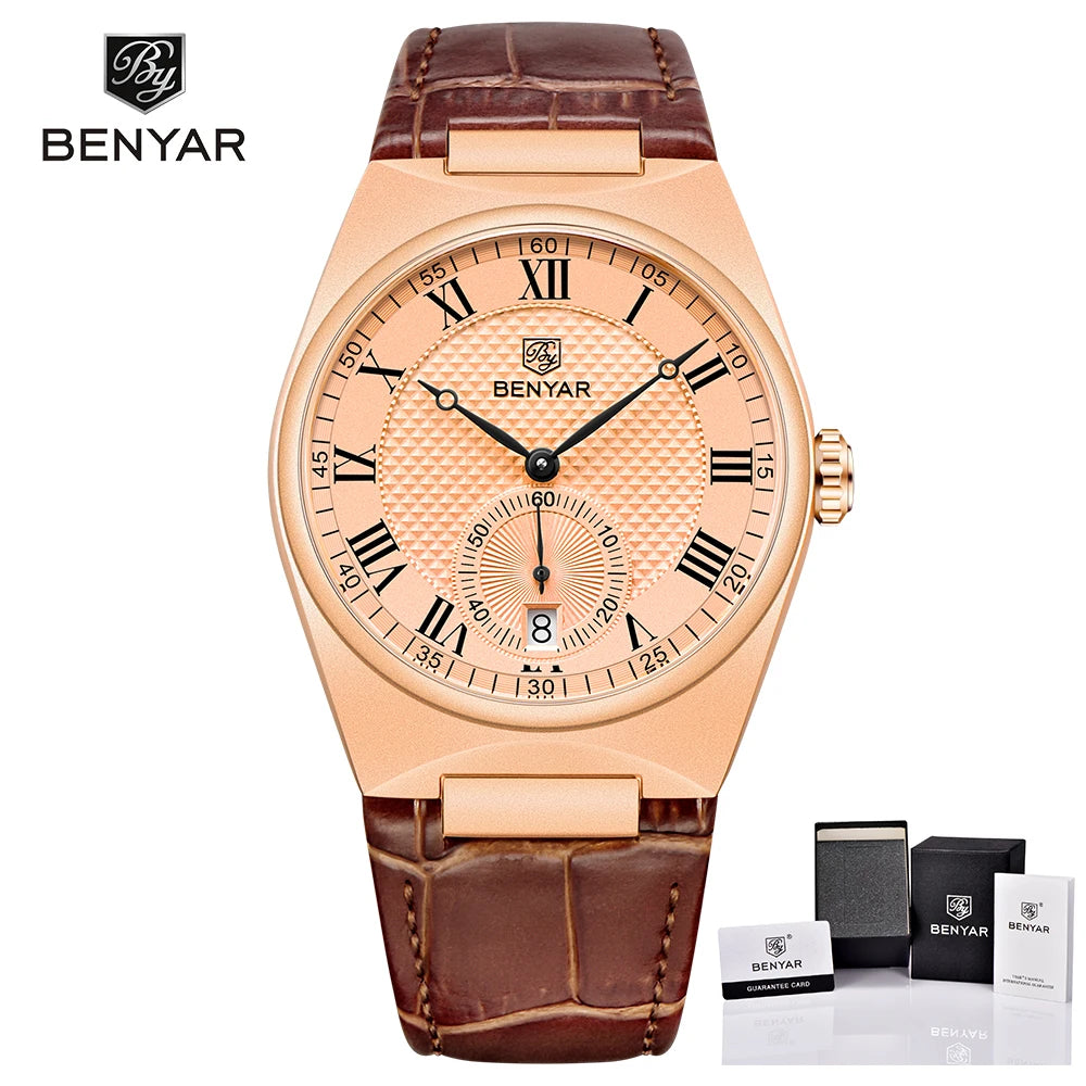 BENYAR Mens Watches 2023 New Top Brand Luxury Gold Quartz Watch For Men Original Sports Waterproof Military leather Reloj Hombre