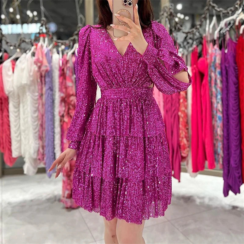 Women Elegant Long Sleeve Split Versatile Dating Dress Autumn Fashion Frilly Mini Dress Chic V-Neck Sequins Hollow Party Dresses