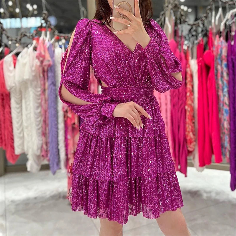 Women Elegant Long Sleeve Split Versatile Dating Dress Autumn Fashion Frilly Mini Dress Chic V-Neck Sequins Hollow Party Dresses