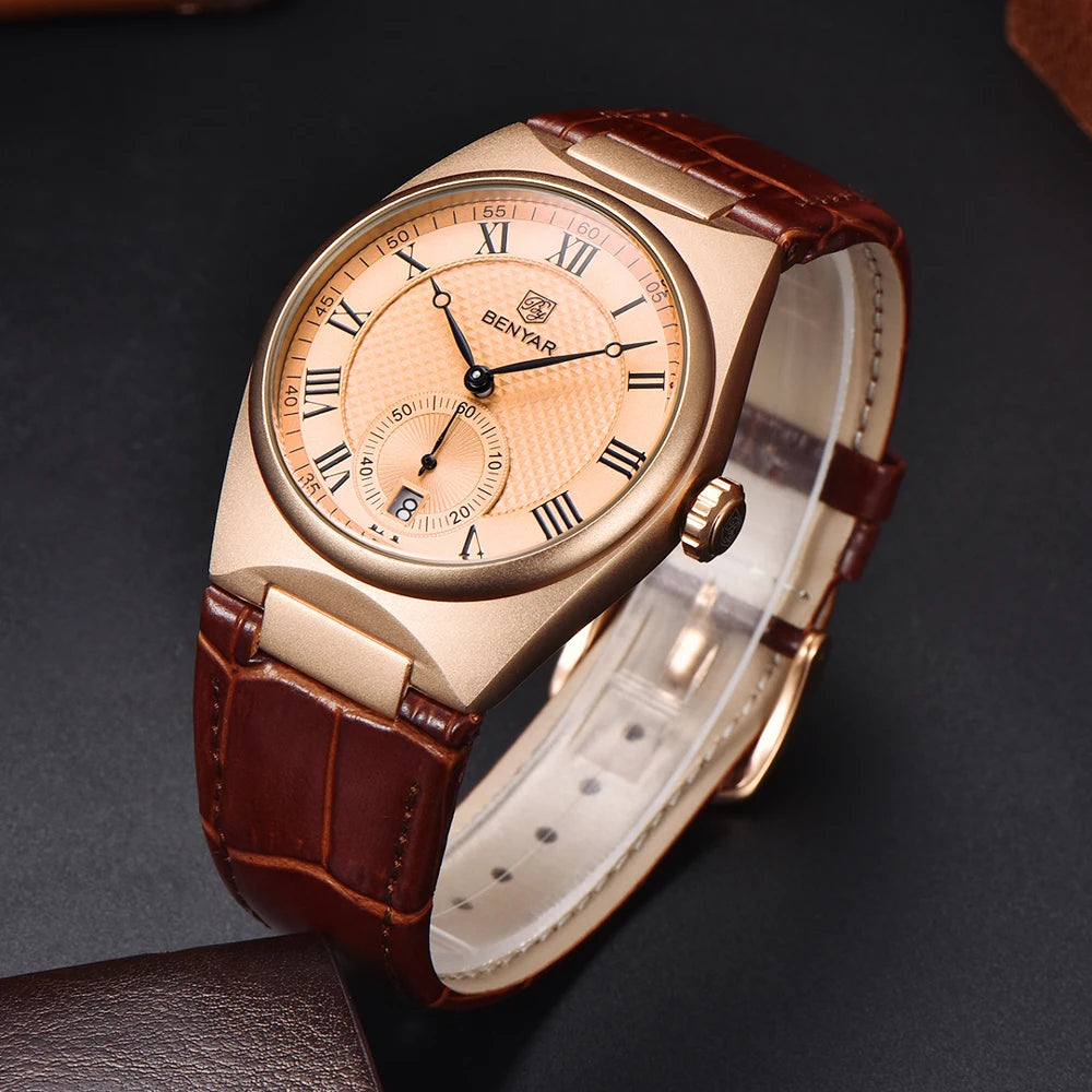 BENYAR Mens Watches 2023 New Top Brand Luxury Gold Quartz Watch For Men Original Sports Waterproof Military leather Reloj Hombre