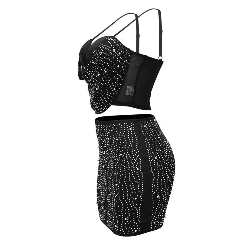 Skinny Sexy Party Two Piece Set Women Strap Mesh Rhinestone Camis Top and Diamonds Mini Skirts 2 Piece Sets Night Club Outfits