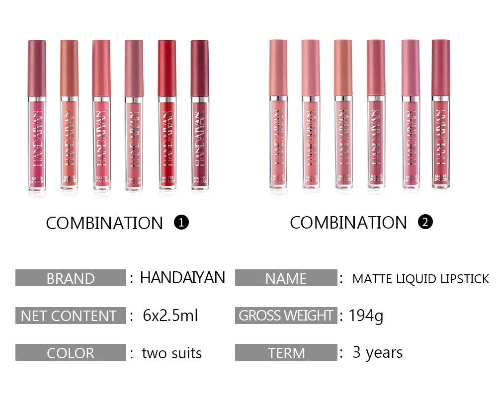 HANDAIYAN 6 Colors Lip Gloss Set Matte Nude Long-lasting High-pigment non-stick cup lip makeup Cosmetics Liquid Lipstick Setd