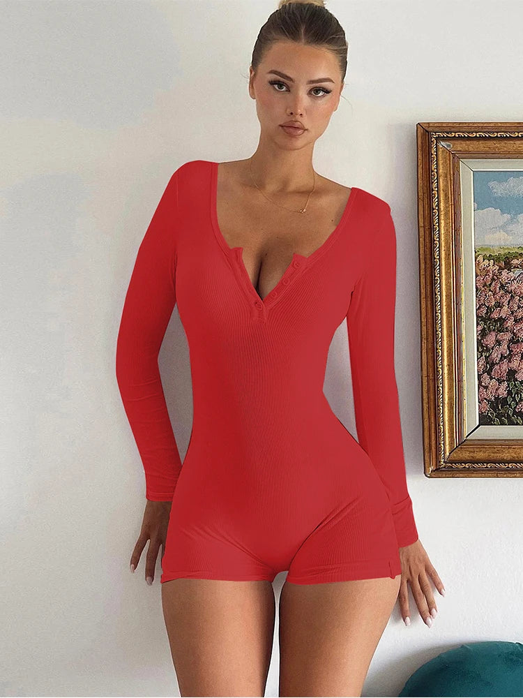 Dulzura Skinny Long Sleeve Playsuits Solid Bodycon Jumpsuits Rompers Evening Party Club Holiday Workout Sport Women Clothes Y2K