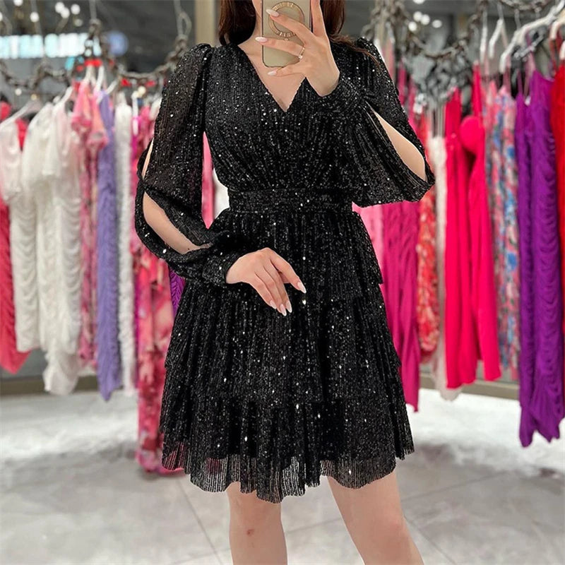 Women Elegant Long Sleeve Split Versatile Dating Dress Autumn Fashion Frilly Mini Dress Chic V-Neck Sequins Hollow Party Dresses