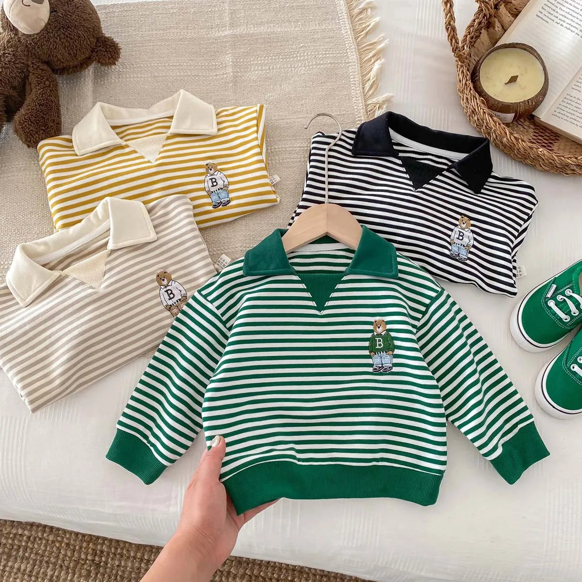 Spring Autumn Children Cool Lapel Striped Sweatshirt Kid Girl Cartoon Embroidery Long Sleeve T-shirt Boy Baby Casual Cotton Tops