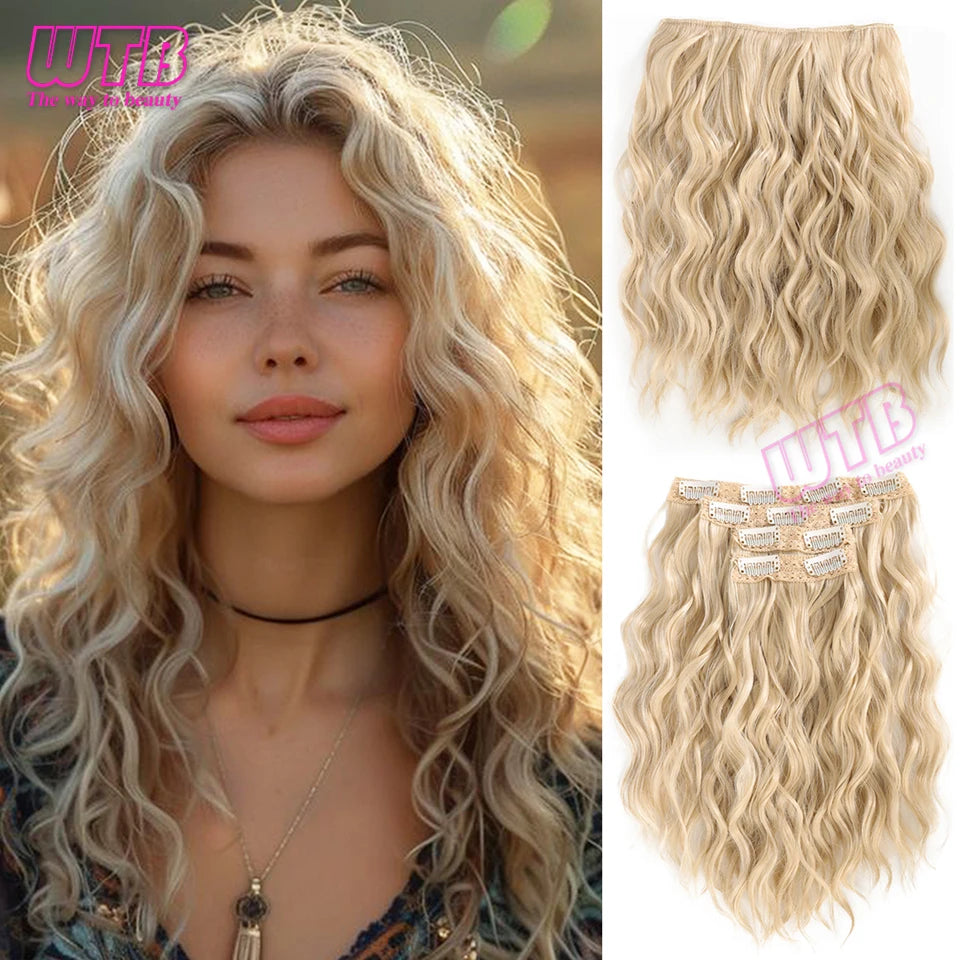 Clip In Hair Extensions Synthetic Hair 12Inch 4 PCS Set Wavy Curly Hair Extension Synthetic Hairpieces For Women Girls Daily Use