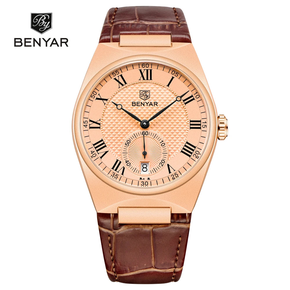 BENYAR Mens Watches 2023 New Top Brand Luxury Gold Quartz Watch For Men Original Sports Waterproof Military leather Reloj Hombre