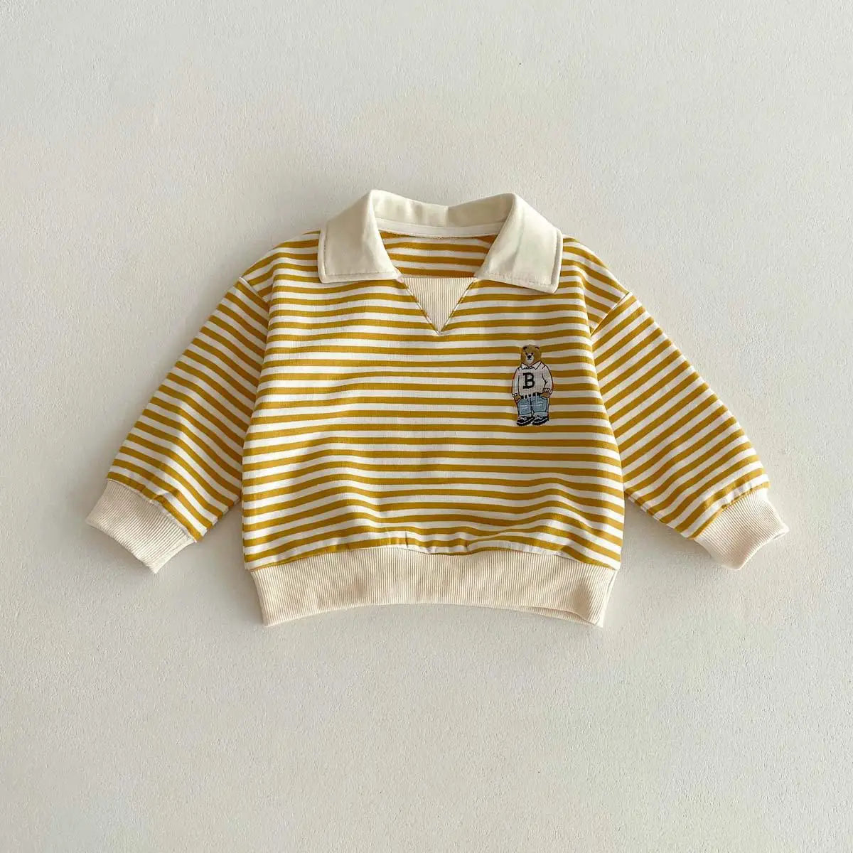 Spring Autumn Children Cool Lapel Striped Sweatshirt Kid Girl Cartoon Embroidery Long Sleeve T-shirt Boy Baby Casual Cotton Tops