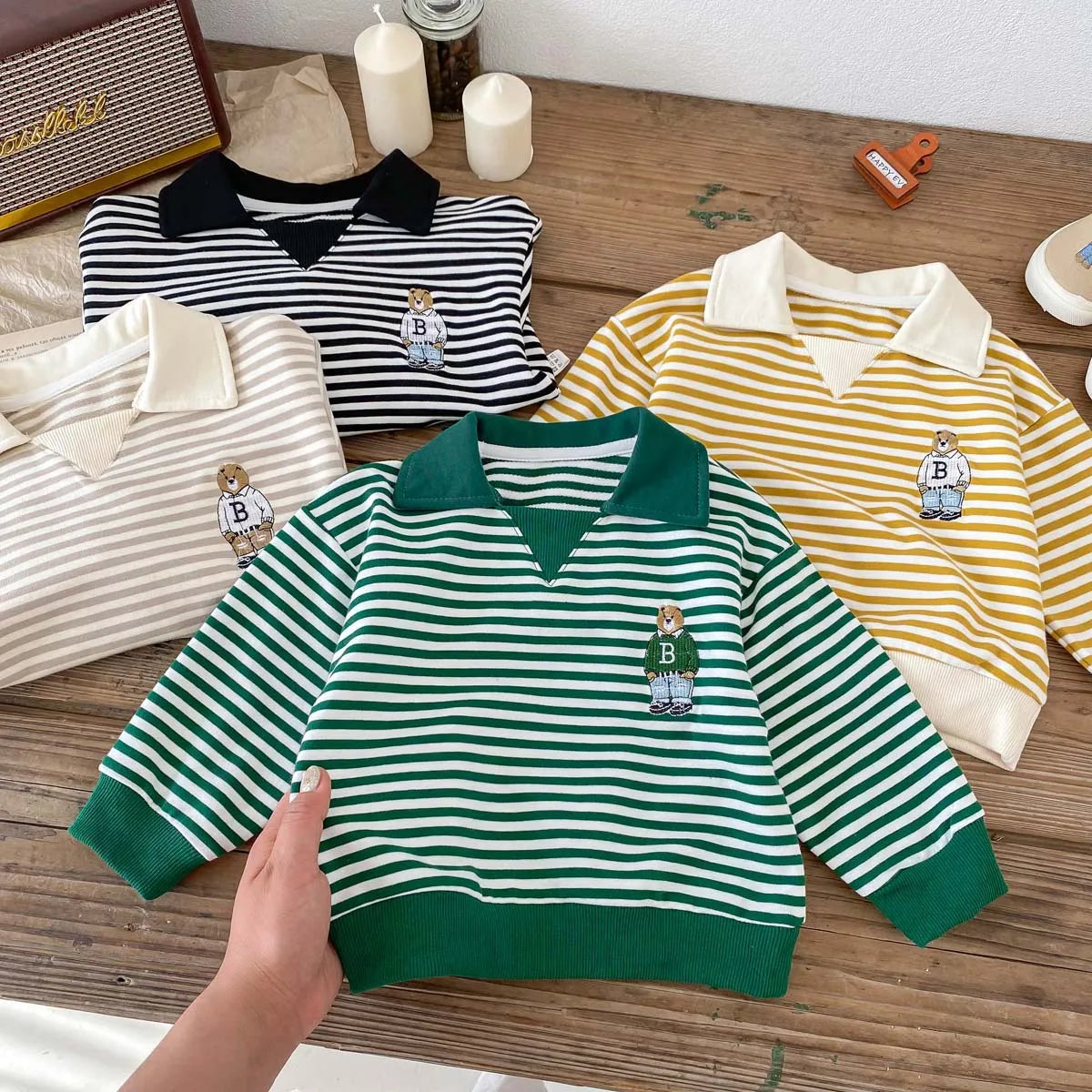 Spring Autumn Children Cool Lapel Striped Sweatshirt Kid Girl Cartoon Embroidery Long Sleeve T-shirt Boy Baby Casual Cotton Tops