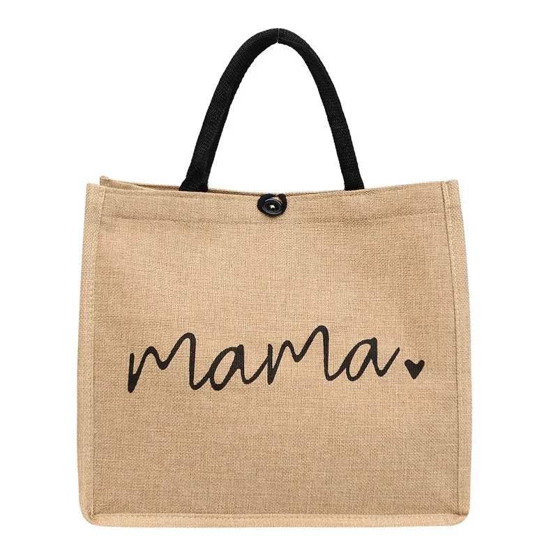 Women Mama Letter Printing Tote Bag Large Capacity Baby Diapers Storage Bag Casual Fashion Linen Shopping Handbag Gifts for Mom