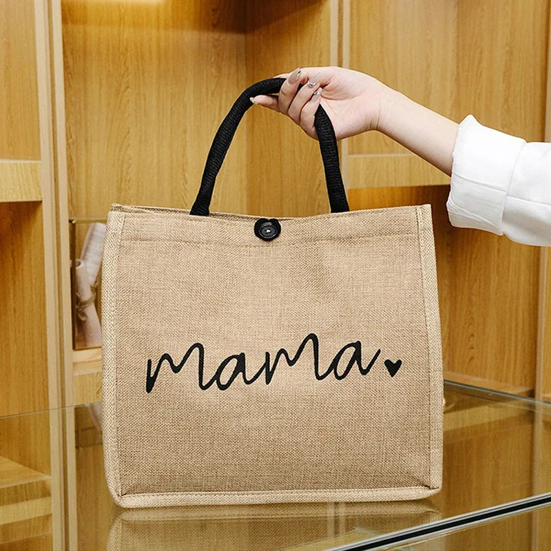 Women Mama Letter Printing Tote Bag Large Capacity Baby Diapers Storage Bag Casual Fashion Linen Shopping Handbag Gifts for Mom