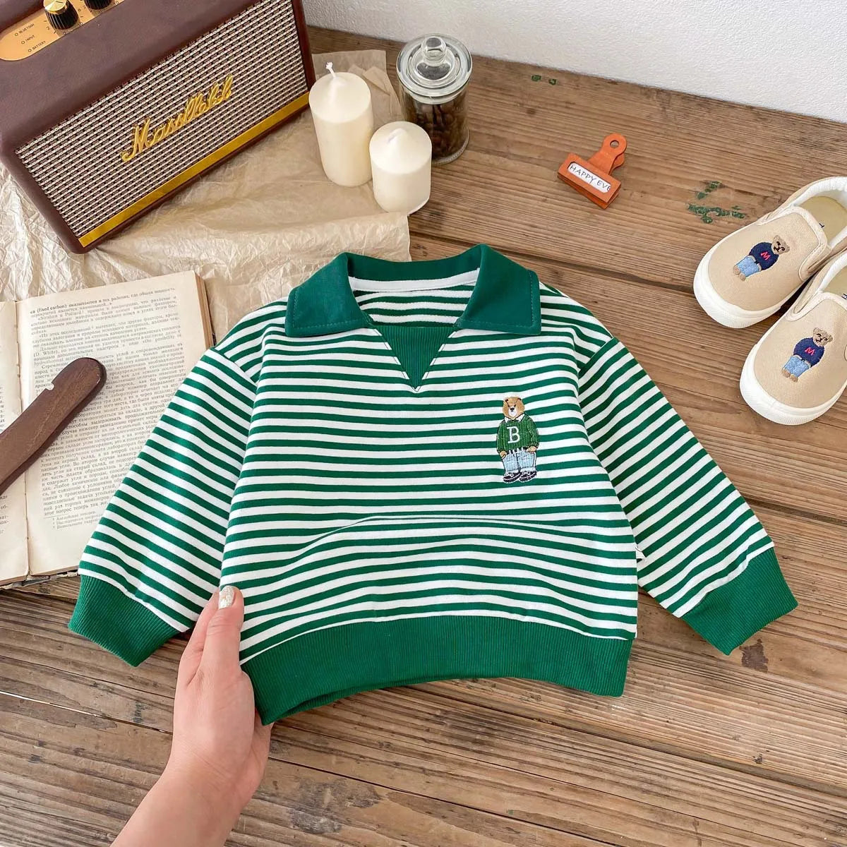 Spring Autumn Children Cool Lapel Striped Sweatshirt Kid Girl Cartoon Embroidery Long Sleeve T-shirt Boy Baby Casual Cotton Tops