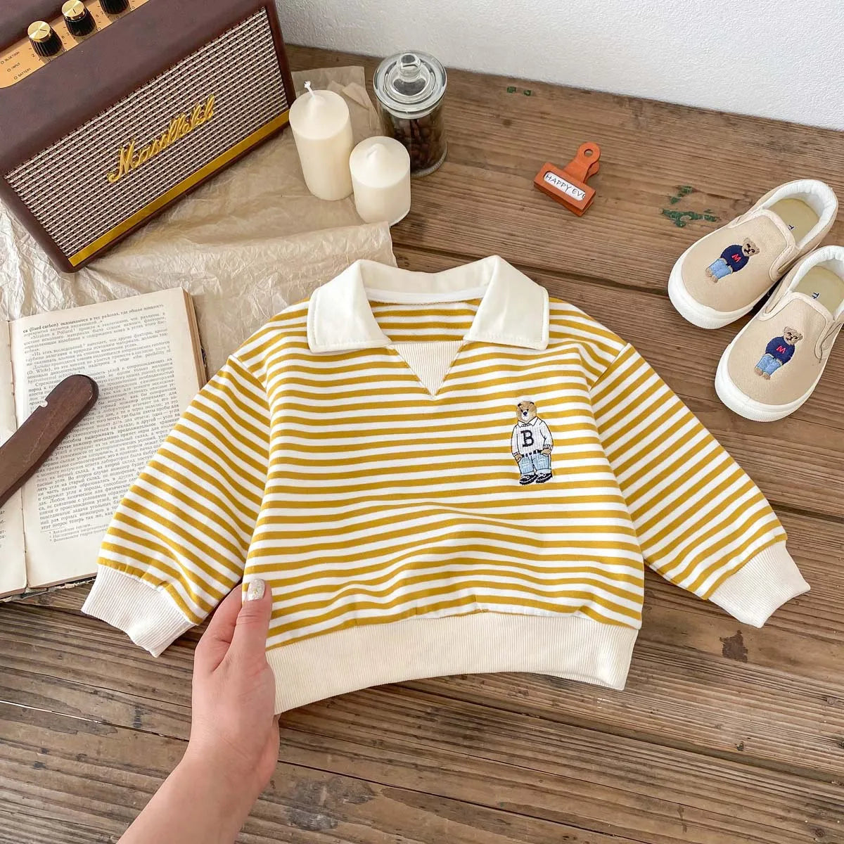 Spring Autumn Children Cool Lapel Striped Sweatshirt Kid Girl Cartoon Embroidery Long Sleeve T-shirt Boy Baby Casual Cotton Tops