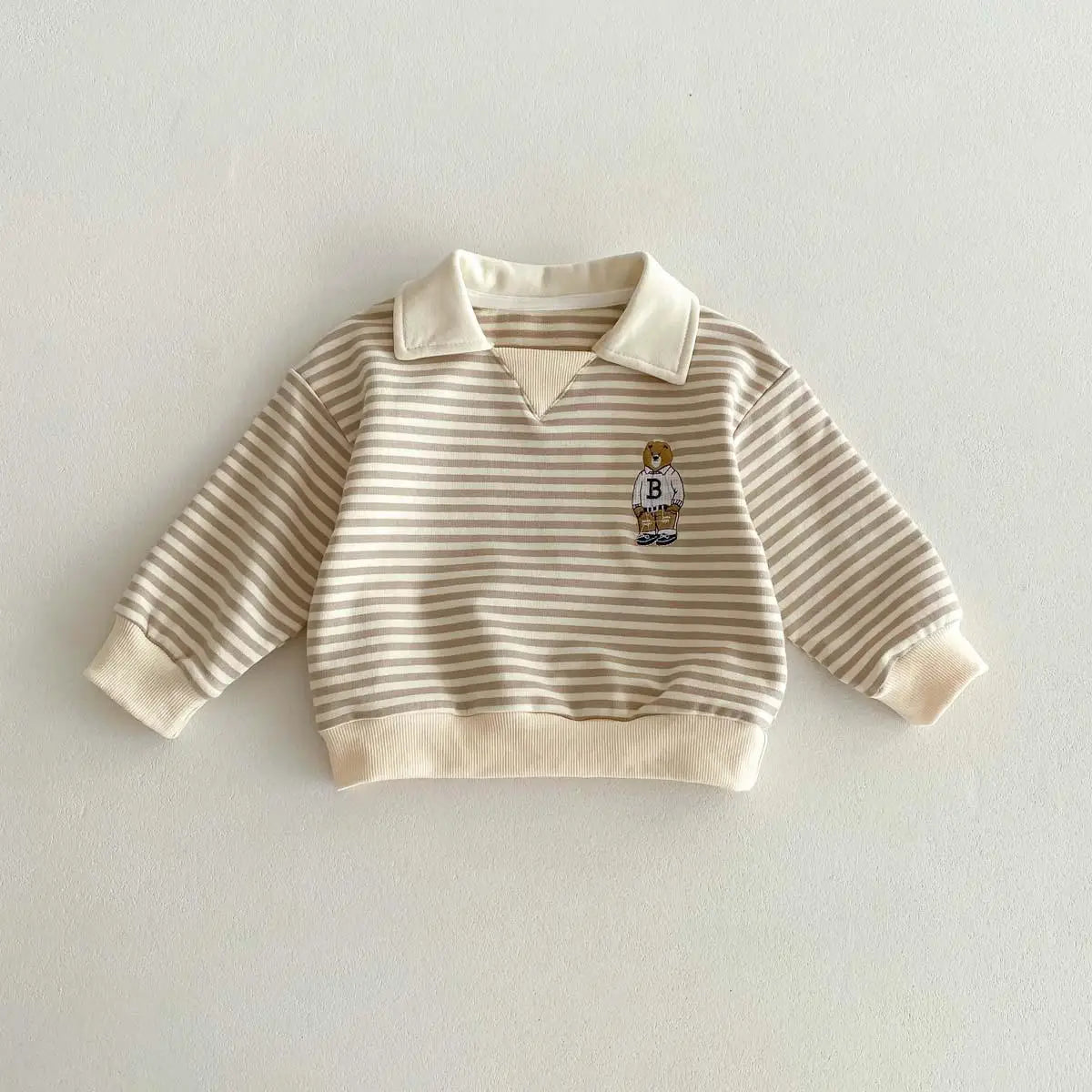 Spring Autumn Children Cool Lapel Striped Sweatshirt Kid Girl Cartoon Embroidery Long Sleeve T-shirt Boy Baby Casual Cotton Tops