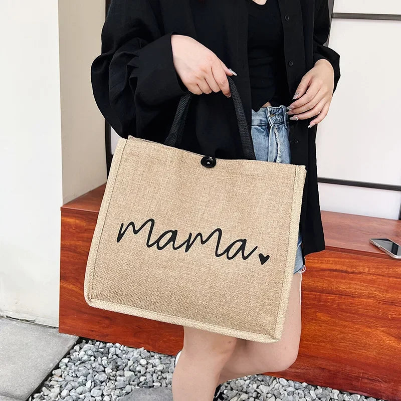 Women Mama Letter Printing Tote Bag Large Capacity Baby Diapers Storage Bag Casual Fashion Linen Shopping Handbag Gifts for Mom