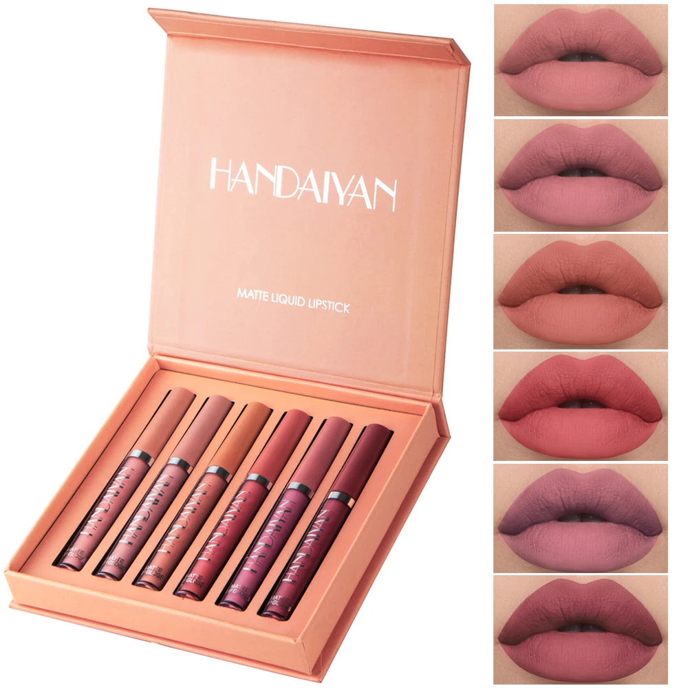 HANDAIYAN 6 Colors Lip Gloss Set Matte Nude Long-lasting High-pigment non-stick cup lip makeup Cosmetics Liquid Lipstick Setd