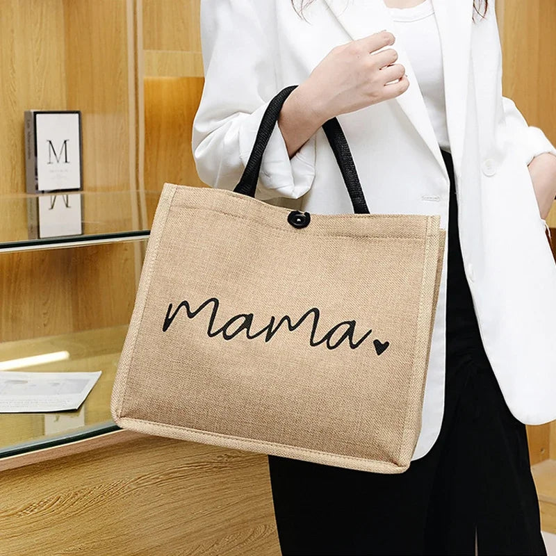 Women Mama Letter Printing Tote Bag Large Capacity Baby Diapers Storage Bag Casual Fashion Linen Shopping Handbag Gifts for Mom