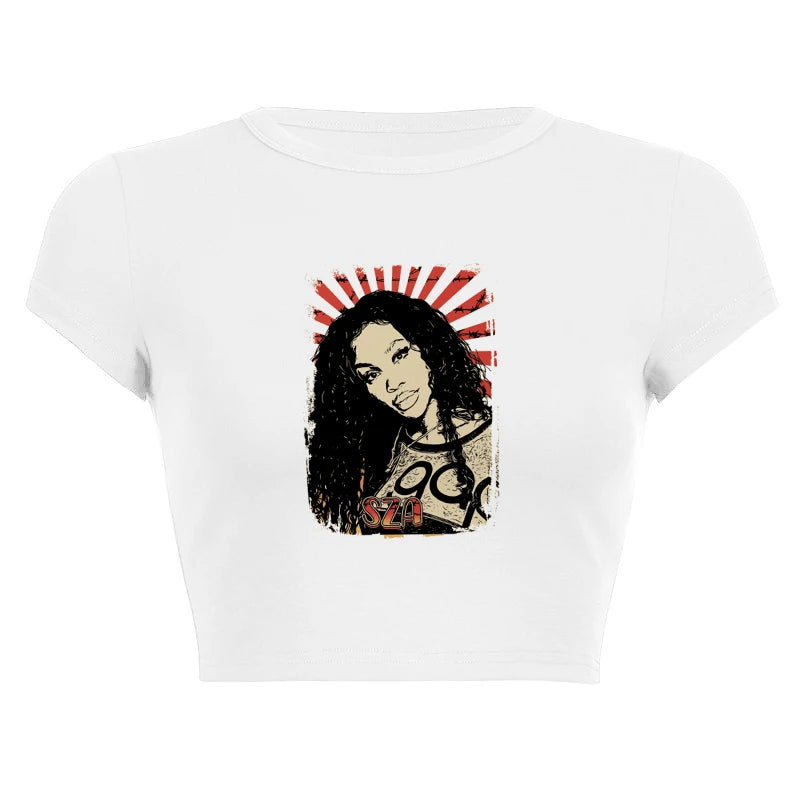 Summer Hip Hop Girl Portrait Graphic Print T-shirt Y2k Vintage Slim Short Sleeve O Neck Crop Tops Women Fashion Casual T Shirt