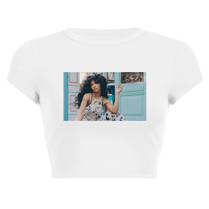 Summer Hip Hop Girl Portrait Graphic Print T-shirt Y2k Vintage Slim Short Sleeve O Neck Crop Tops Women Fashion Casual T Shirt