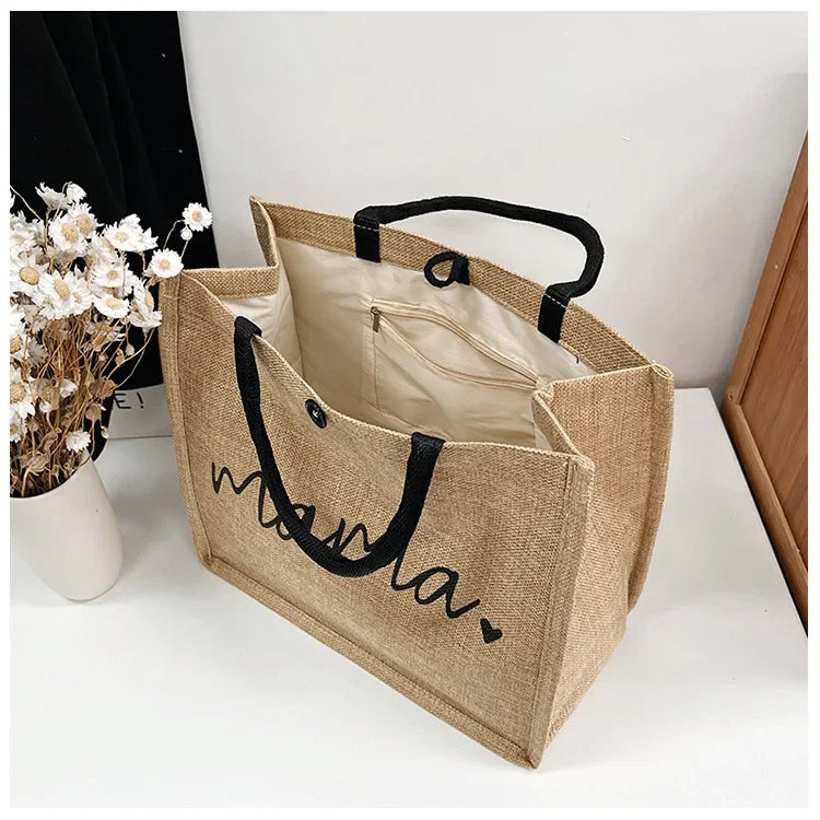 Women Mama Letter Printing Tote Bag Large Capacity Baby Diapers Storage Bag Casual Fashion Linen Shopping Handbag Gifts for Mom